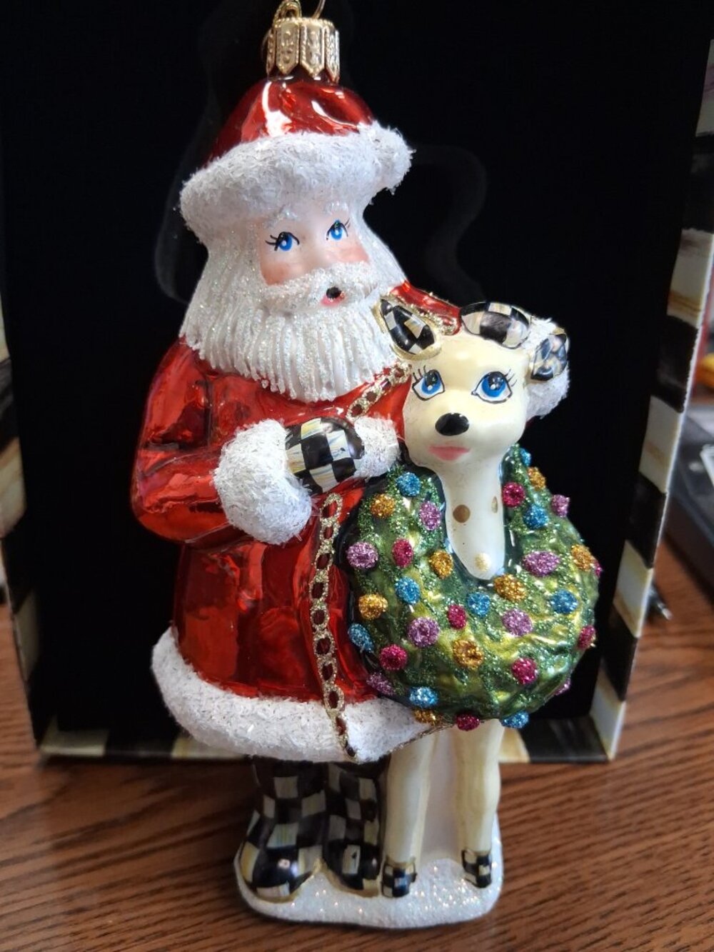 Mackenzie-Childs Santa with Reindeer Ornament-BNIB
